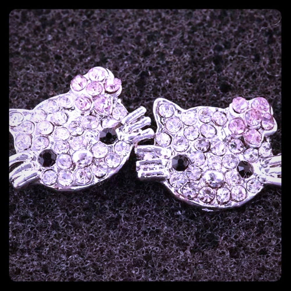 Sparkling Rhinestone Crystals Silver CZ Hello Kitty Earrings Nickel Free